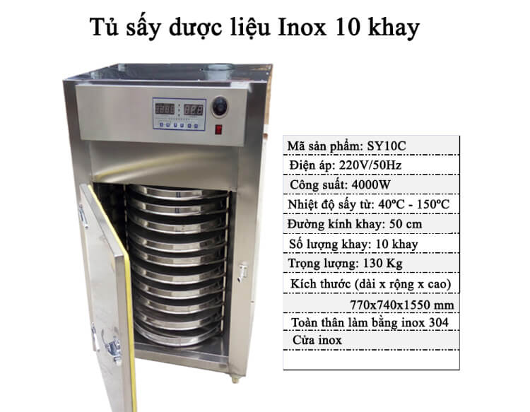 Tủ sấy dược liệu inox 10 khay cánh inox SY10C