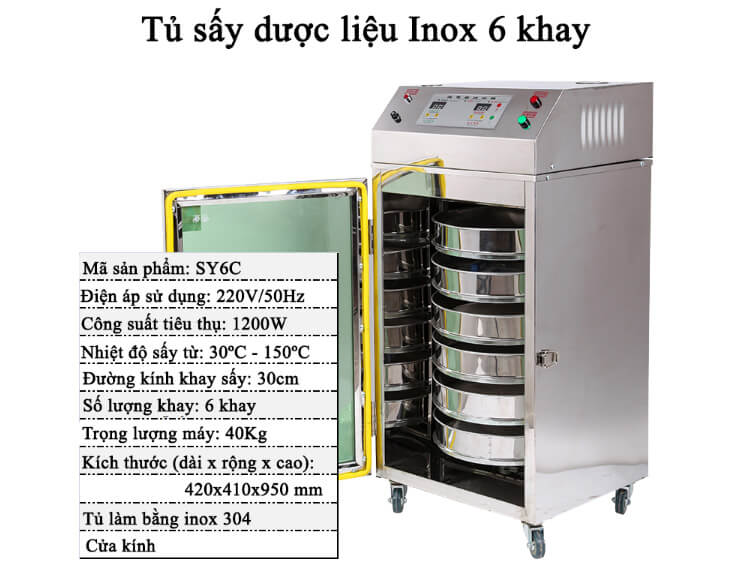 Tủ sấy dược liệu inox 6 khay cánh kính SY6C -1