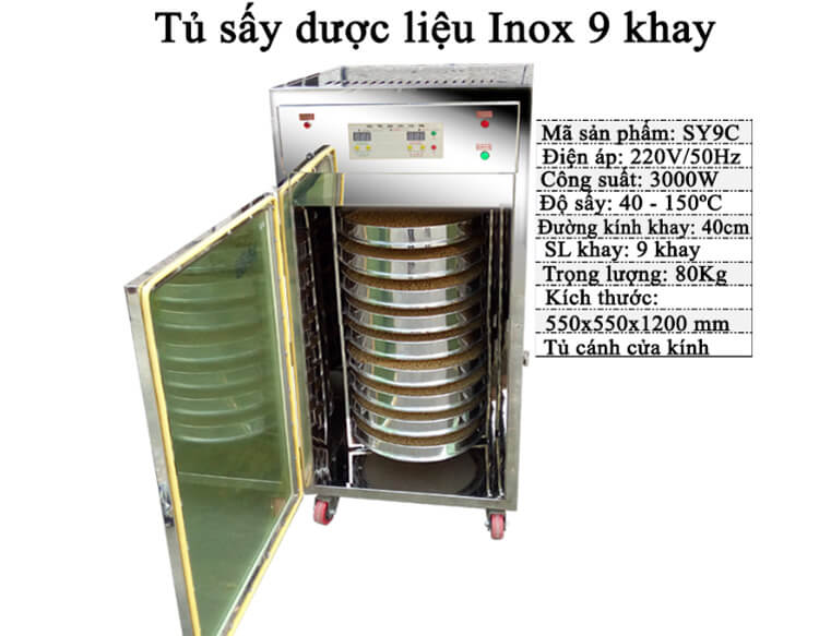 TỦ SẤY DƯỢC LIỆU INOX 9 KHAY CÁNH KÍNH SY9C -1