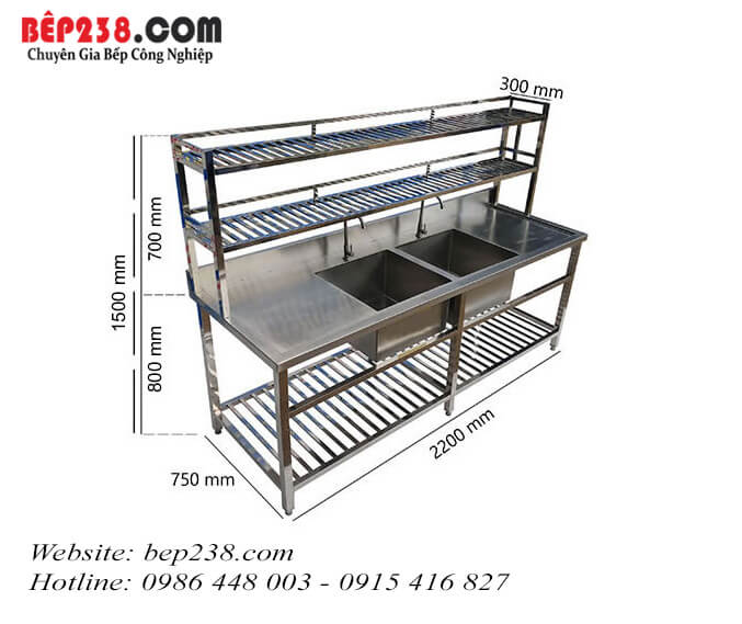 Chậu rửa công nghiệp 2 hố 2200×750 có kệ LG - HCK2-1