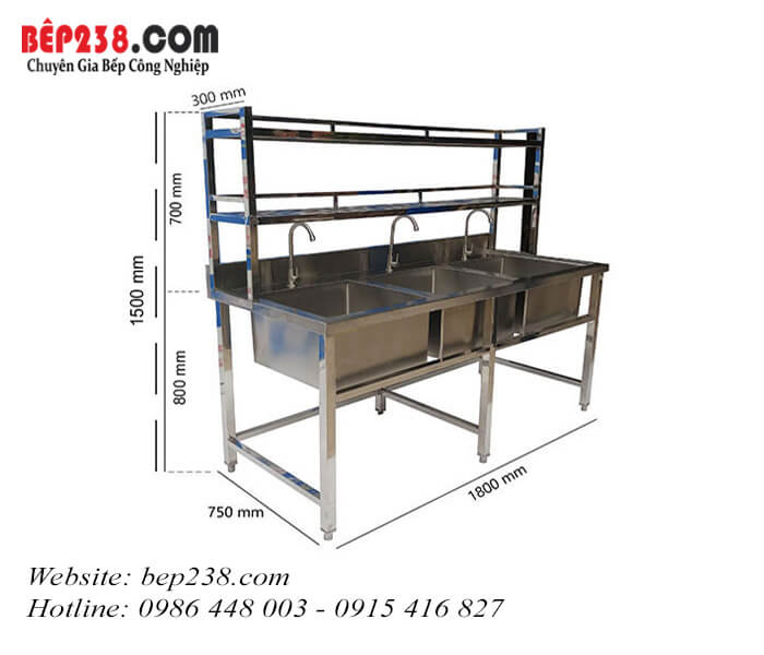 Chậu rửa công nghiệp 3 hố có kệ inox LG - 2TK-1