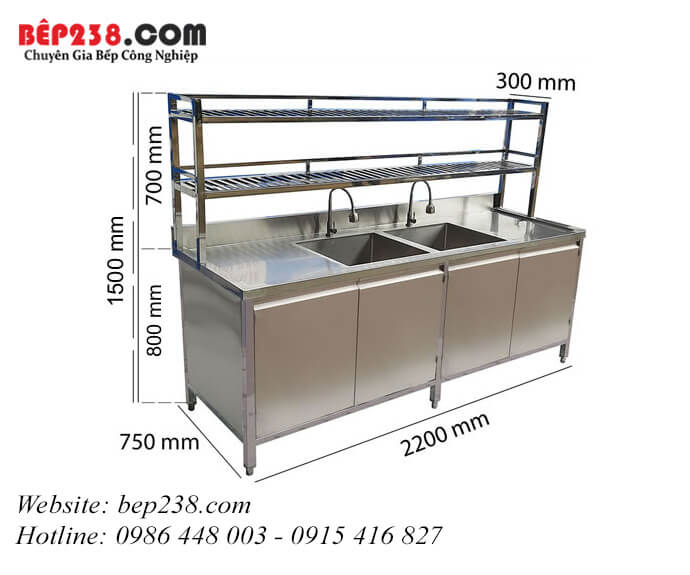 Tủ Inox 2 Bồn + Kệ Trên 2200×750 Mm Lb-Hm2 1 Tủ inox 2 bồn + Kệ trên 2200×750 mm LG - HG - 2MK-1