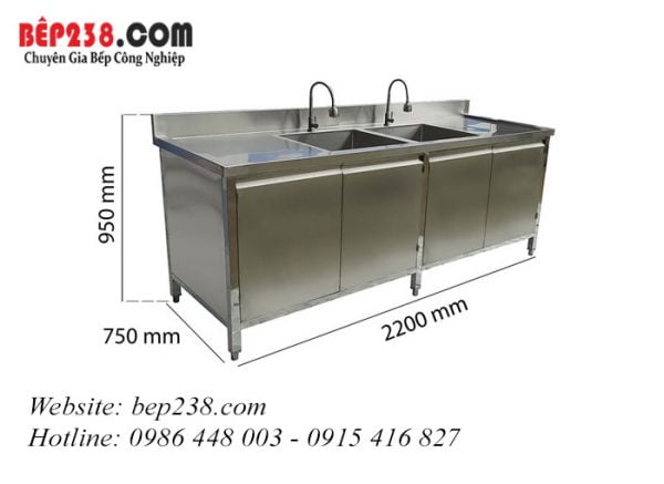 Tủ inox 2 bồn rửa 2200×750 mm LG - KTP - 2HG